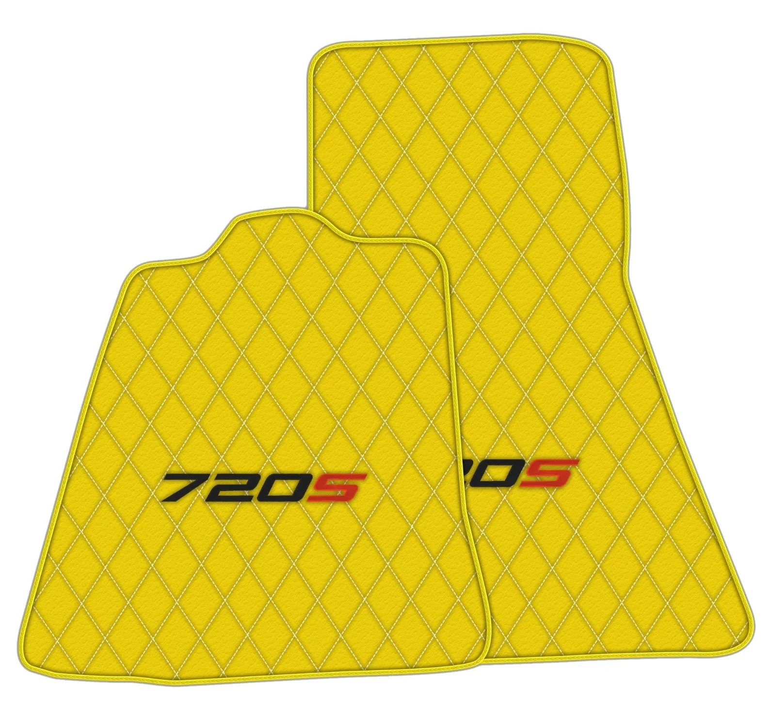 Custom fit McLaren 720S floor mats, premium quality with precise fitment, featuring a distinctive diamond pattern in yellow.