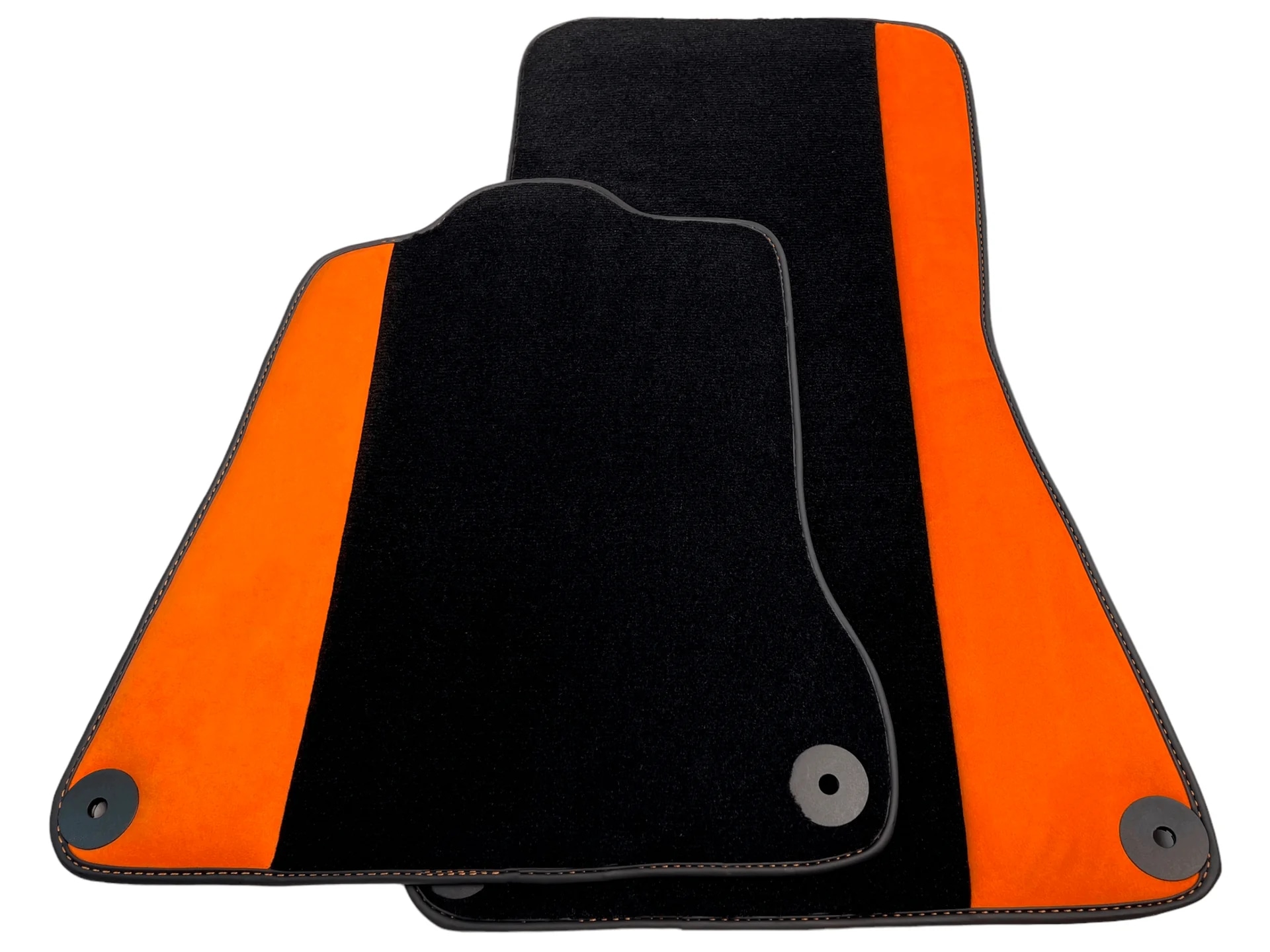 McLaren 570S custom fit floor mats, premium quality with precise fitment, featuring stylish black and orange design.
