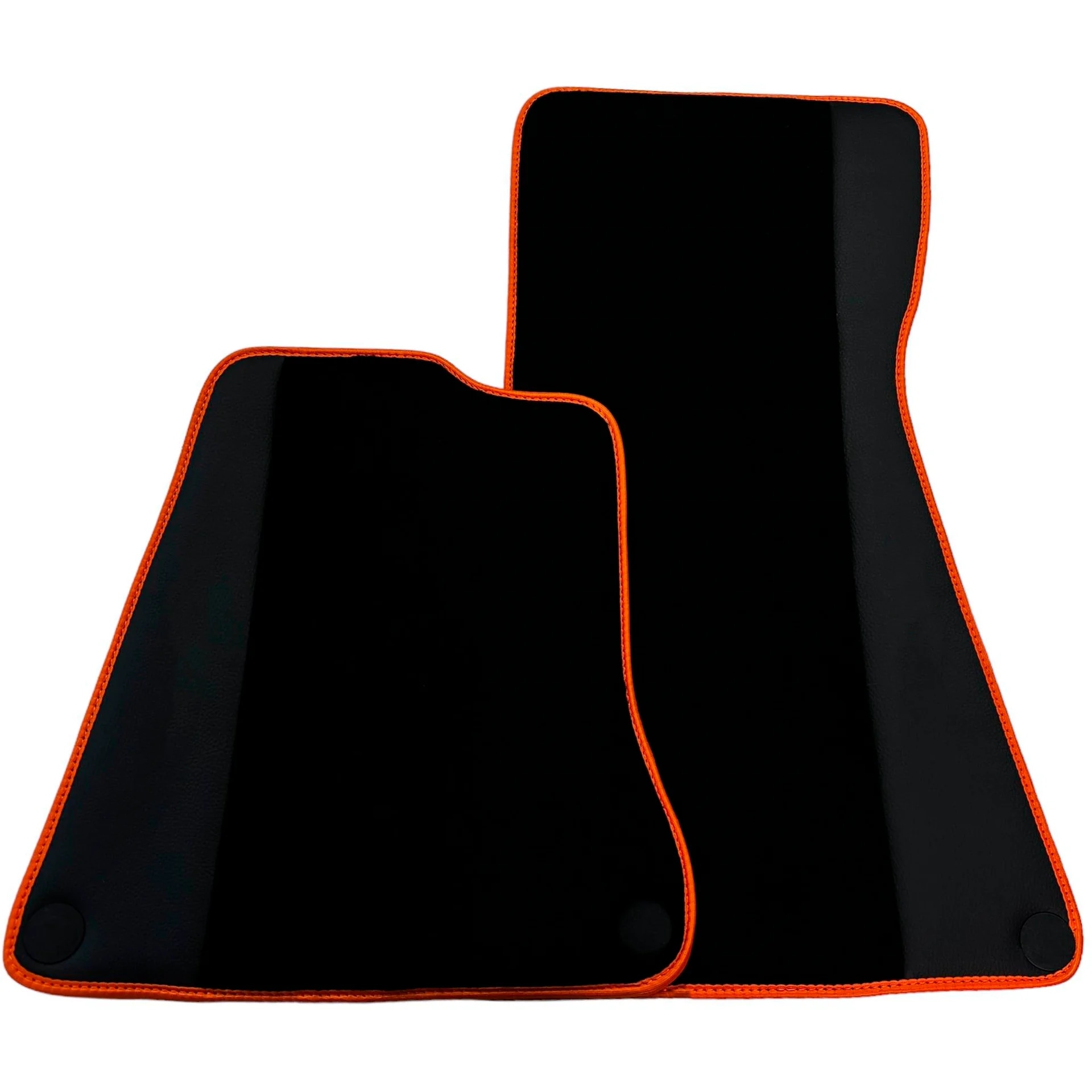 Custom fit McLaren 650S floor mats, premium quality with precise fitment, featuring sleek black design and orange trim.