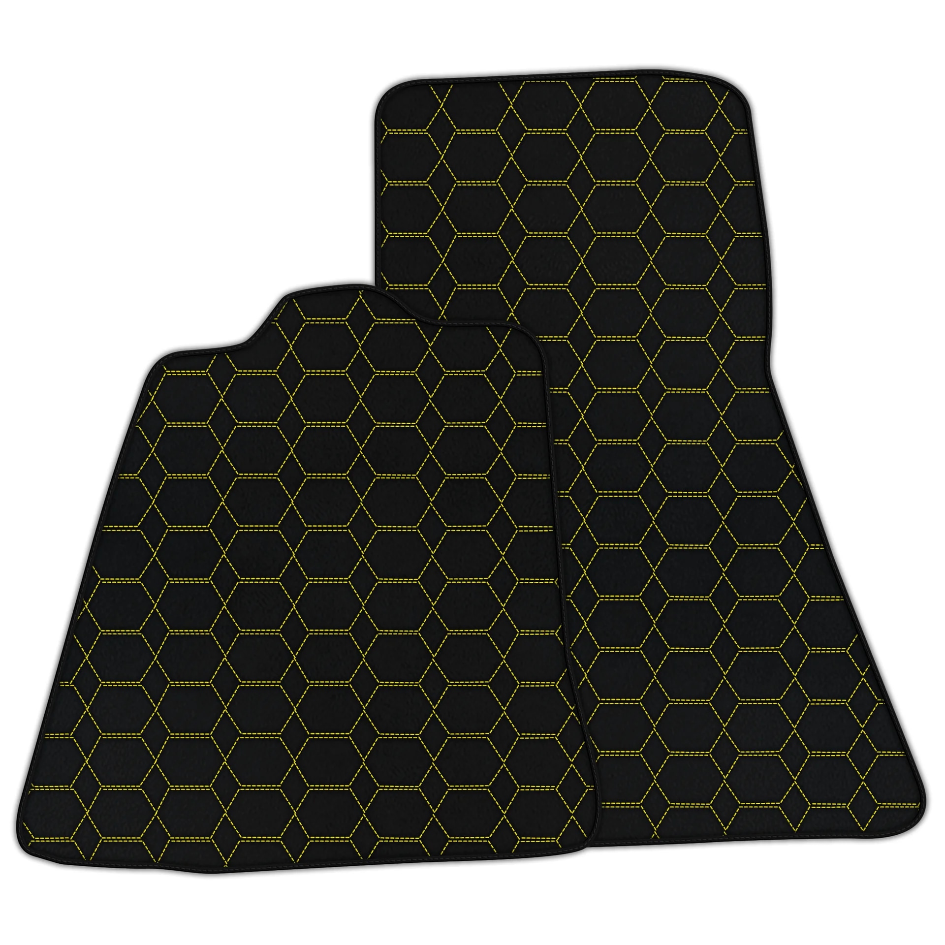 McLaren 650S custom fit floor mats, premium quality with precise fitment, featuring a hexagonal design and yellow stitching.