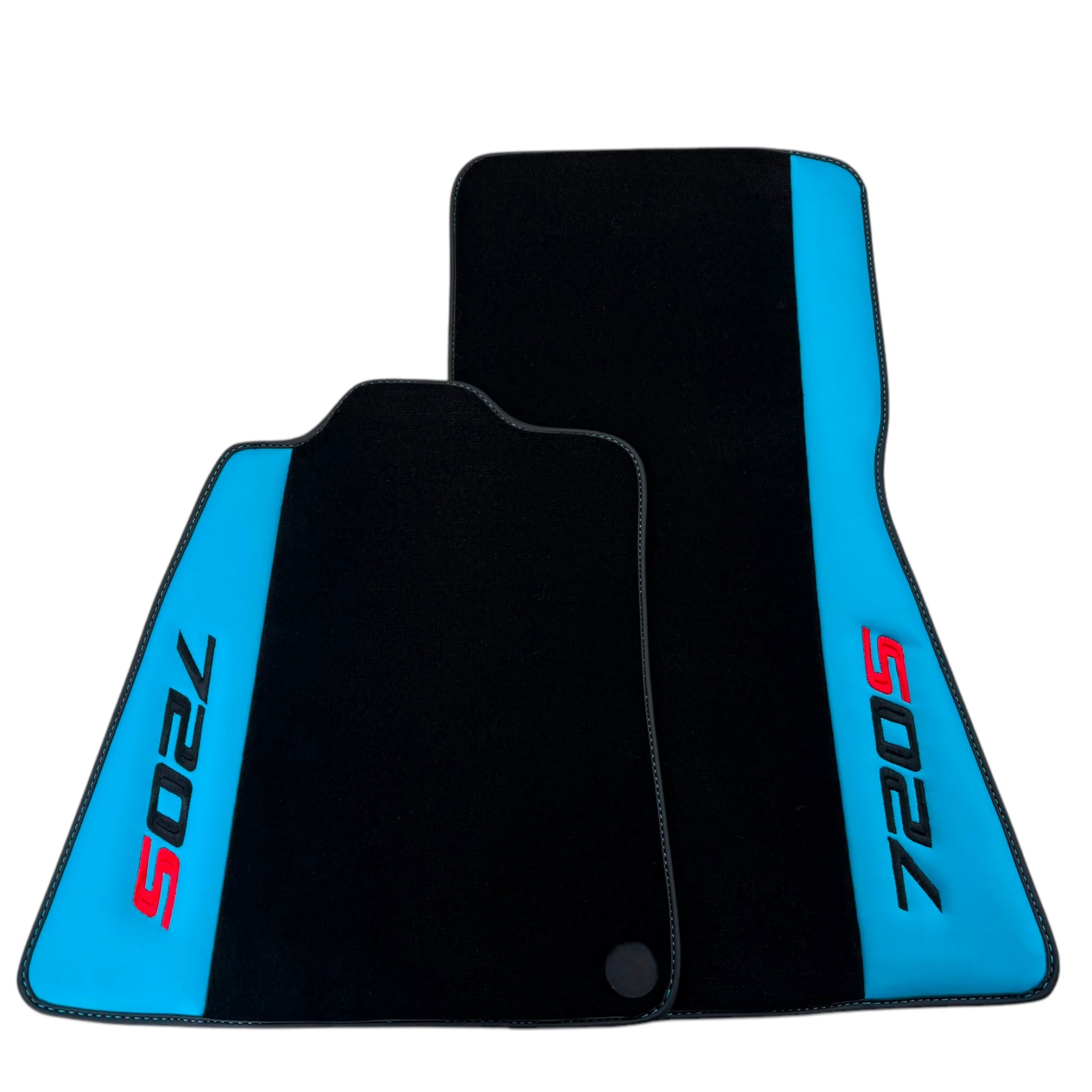 Black floor mats for McLaren 720S with blue leather borders