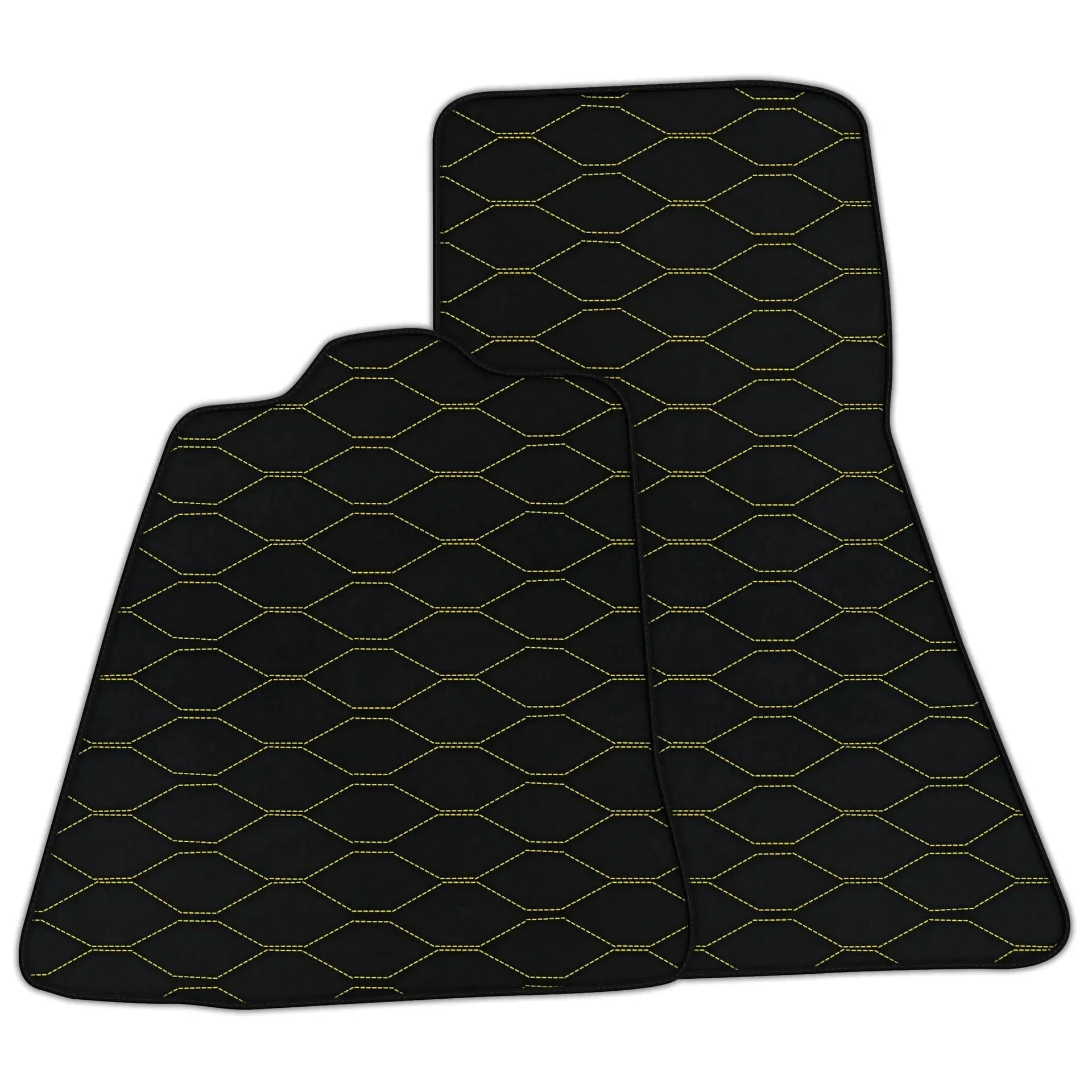 McLaren MP4-12C custom fit floor mats, premium quality material, precise fitment, stylish black with yellow stitching.